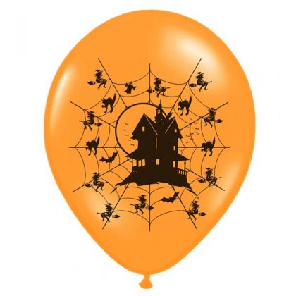 Balon lateksowy 14" w pajęczyny z domem pomarańczowo-czarny na halloween strachy nawiedzony dom balony z helem poznań