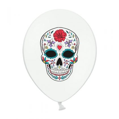 Balon lateksowy 14" biały z czaszką meksykańską na przyjęcie halloween balony z helem poznań