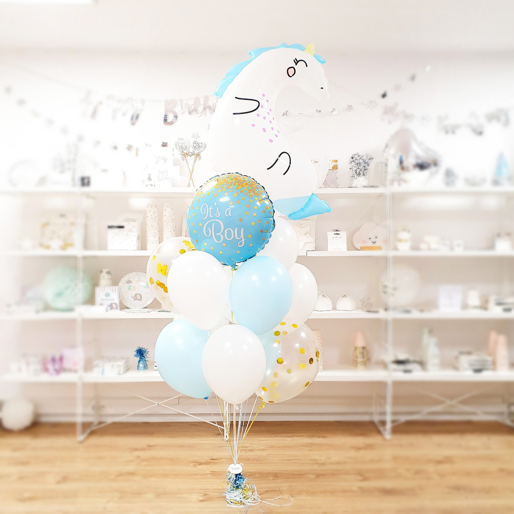 Bukiet z balonów ŚPIĄCY JEDNOROŻEC dla chłopca – pomysł na prezent na pępkowe