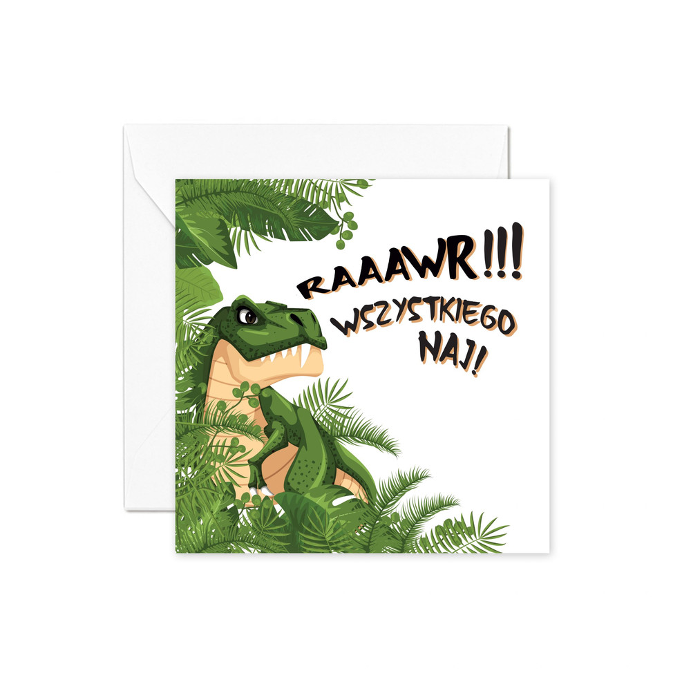 Kartka urodzinowa “RAAAWR” z białą kopertą – Kartki urodzinowe z motywem dinozaurów