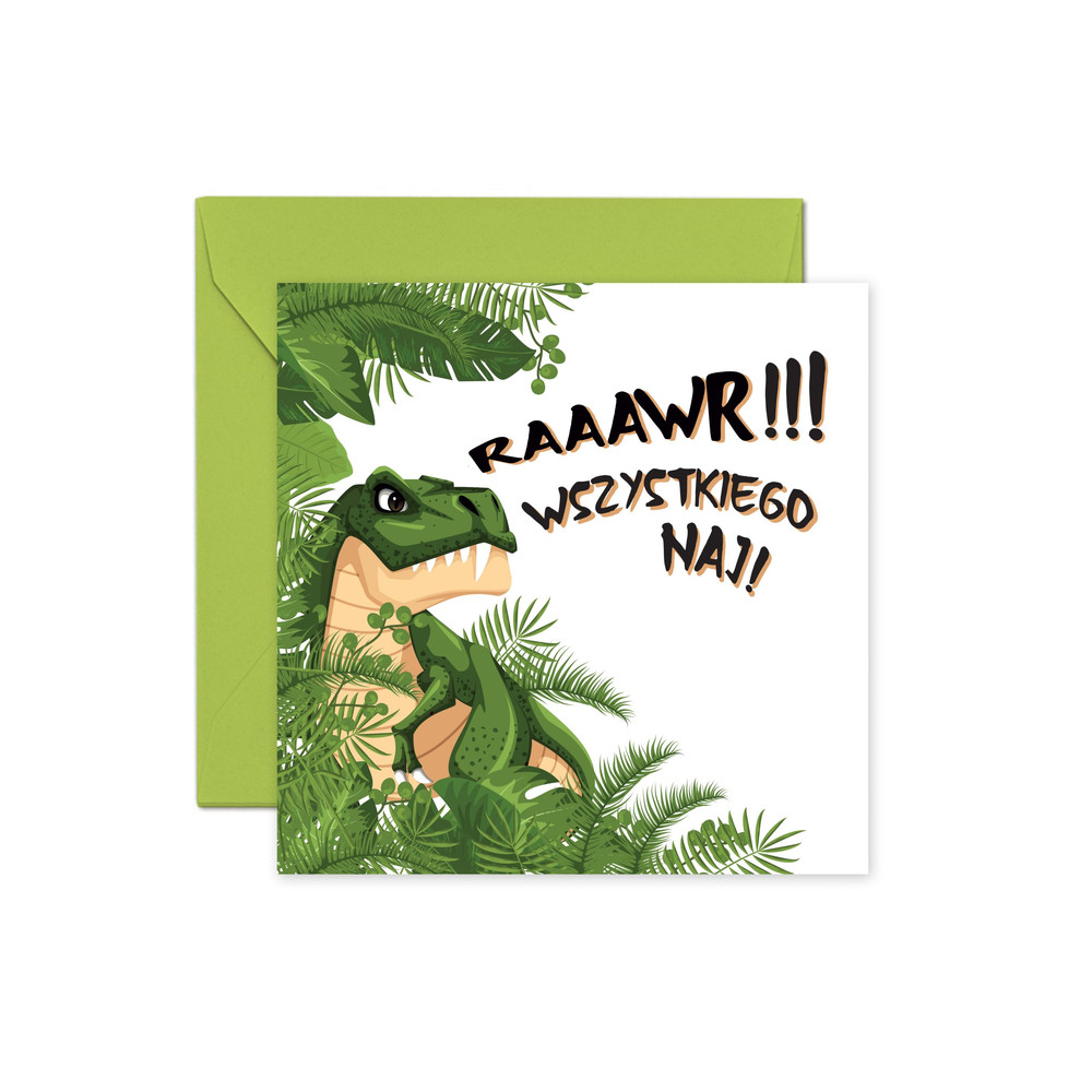 Kartka urodzinowa “RAAAWR” z zieloną kopertą – Kartki urodzinowe z motywem dinozaurów
