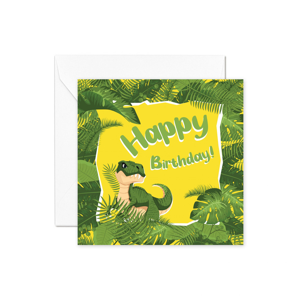 Kartka urodzinowa “Dino Party” z białą kopertą – Kartki urodzinowe dla fanów dinozaurów