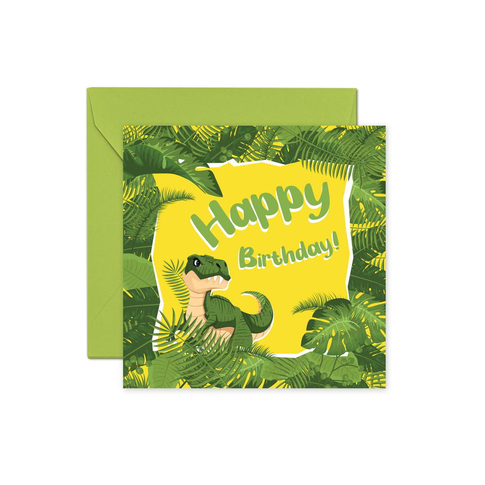 Kartka urodzinowa “Dino Party” z zieloną kopertą – Kartki urodzinowe z dinozaurami